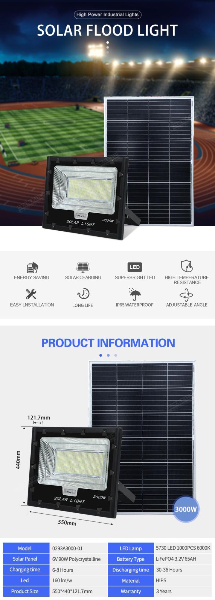 Alltop Super Bright Stadium Outdoor Waterproof IP65 3000W LED Solar Flood Light