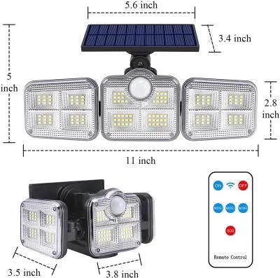 Outdoor 270 Degree Security Illumination IP65 Remote Control Motion Sensor 3 Adjustable Heads LED Flood Solar Lights for Garden