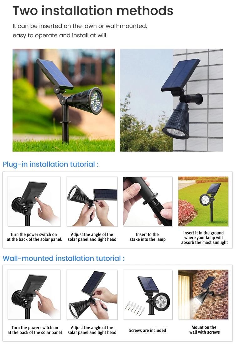 Garden Lawn Spotlight and Outdoor Solar Landscape Spotlight, Solar Spot Lights with Waterproof LED and Solar Panel Integrated, Solar Powered Spotlight