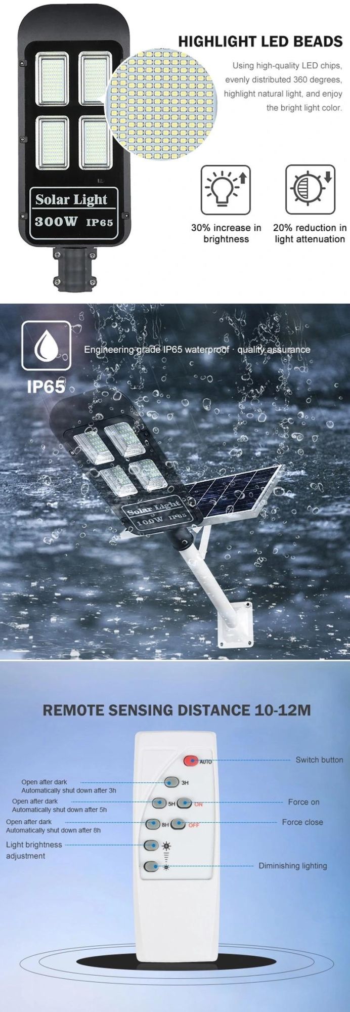 IP65 Automatic Integrated Solar Power Steet Lighting, Outdoor Lithium Battery Pole Controller Solar Cell Road Lights, 30W 50W 100W 150W 200W Energy Sensor Light