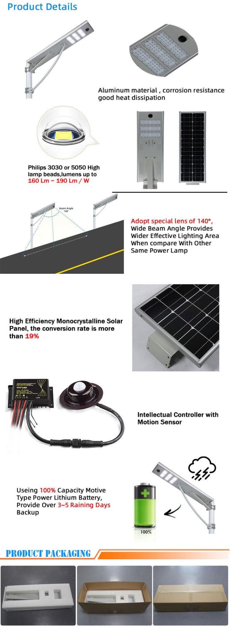 High Lunem IP65 80W All in One Solar Power LED Street Light with PIR Motion Sensor