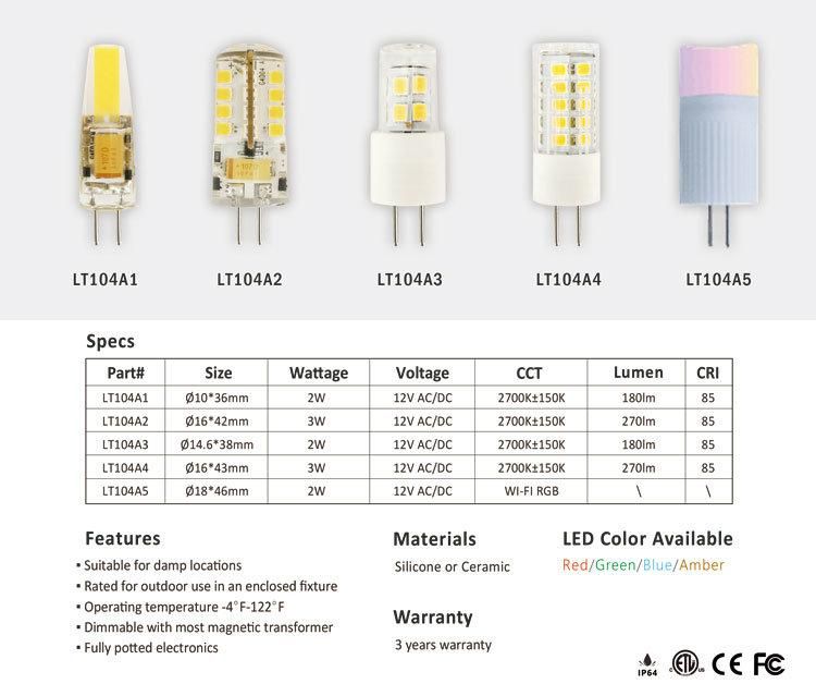 Lt104A4 3W Ceramic Construction Use 12V Low Voltage 2700K-6000K G4 LED Light for Outdoor Landscape Lighting