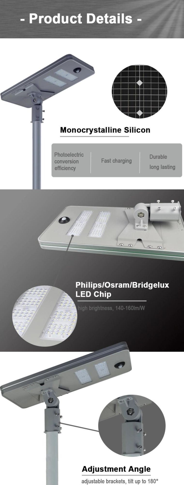 Top Sale Adjustable 30W LED Solar Street Lamp with PIR/Microwave Motion Sensor