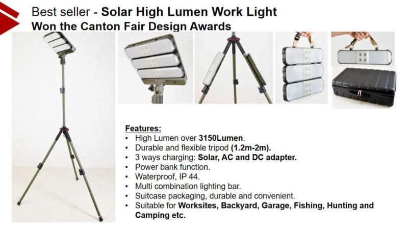 Hot Sales High Lumens Outdoor Working Lighting Waterproof Control System Solar LED Street Light with Tripot and 3 Ways Charging Solar/AC/DC Adapter