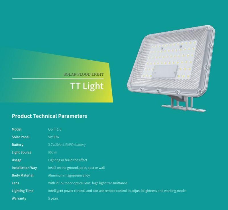 Street Floodlight Outdoor LiFePO4 Battery Solar Street Light 30W Tt1.0 Road Lighting