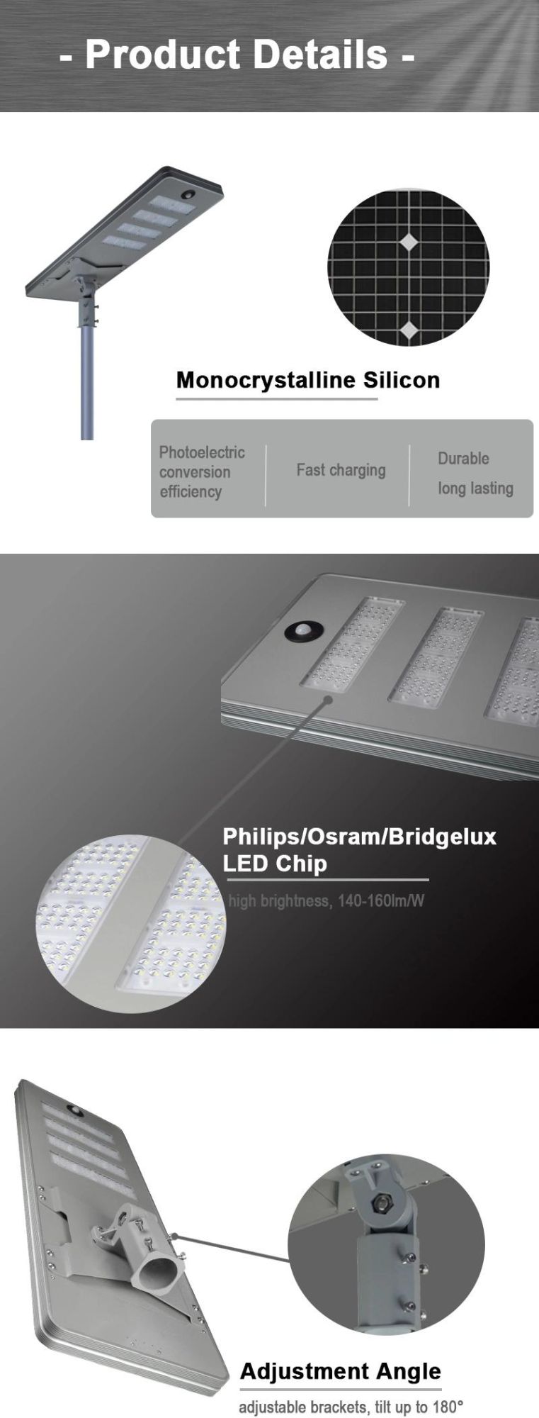 Waterproof IP65 Solar Power Road Lamp 200W Integration LED Solar Street Light