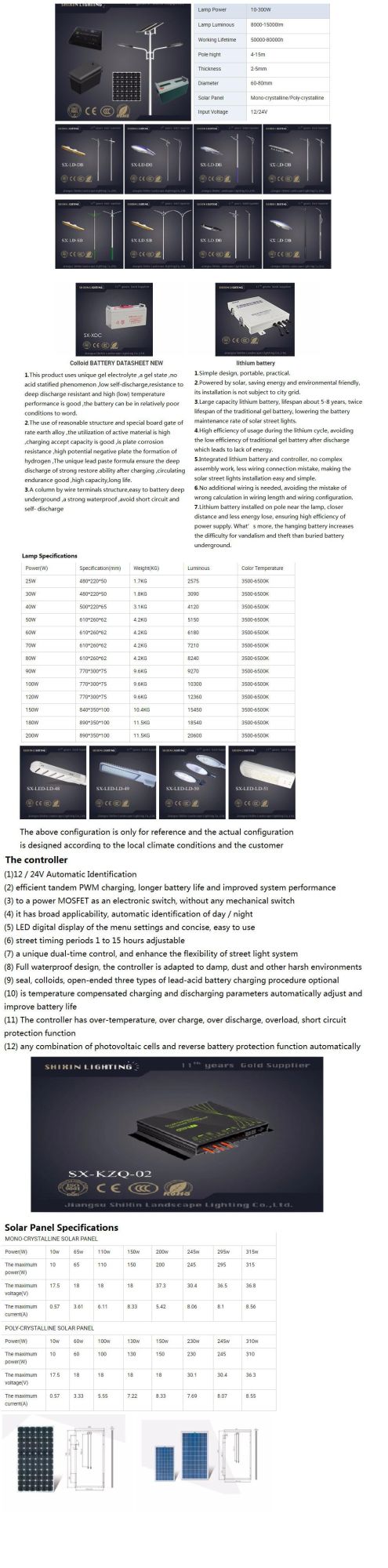 IP65 Outdoor Garden Energy Saving LED Sensor Solar Street /Road Lighting with Panel Sensor and Gel/ Lithium Battery