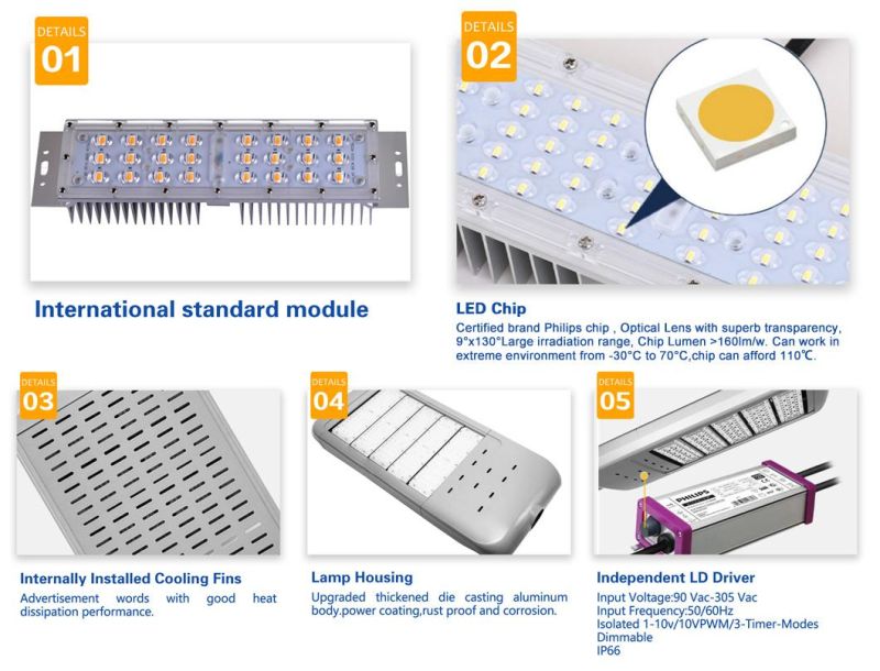 High Efficiency IP66 Modular LED Street Light 30W ~400W with Q235 Light Poles Outdoor Lamp