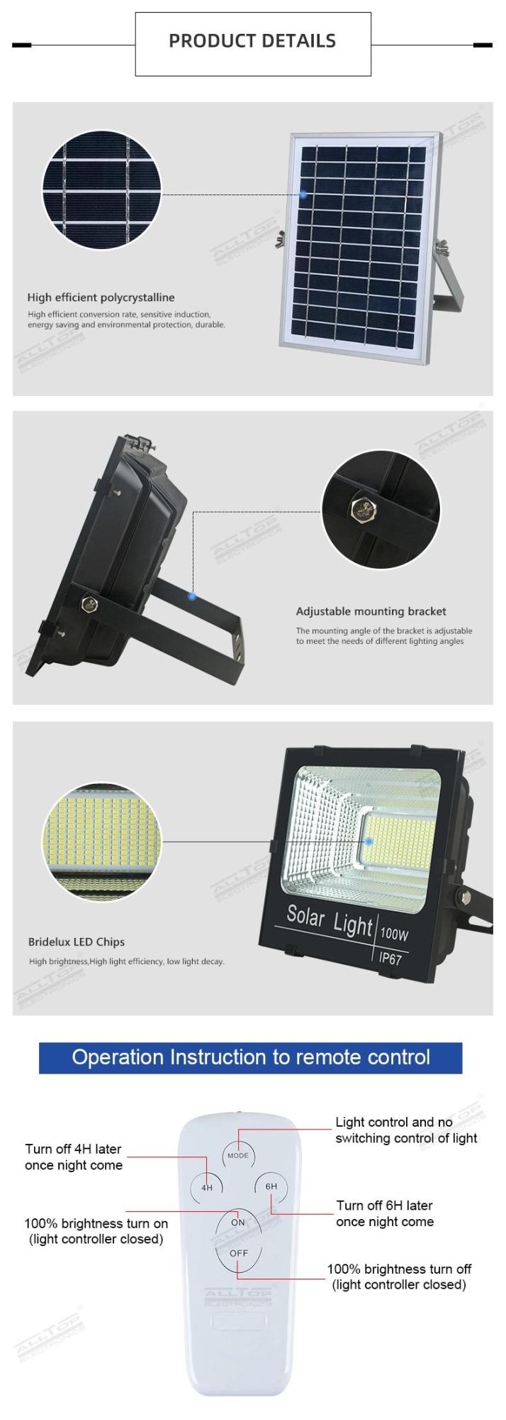 Alltop High Quality 25W 40W 60W 100W 200W 300W Garden Stadium Waterproof IP67 Solar Outdoor LED Floodlight