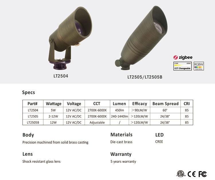 Brass Finish - Lt2505 ETL Listed Adjustable Wattage - Spot Light with Free Stake for Outdoor Garden Landscape Lighting