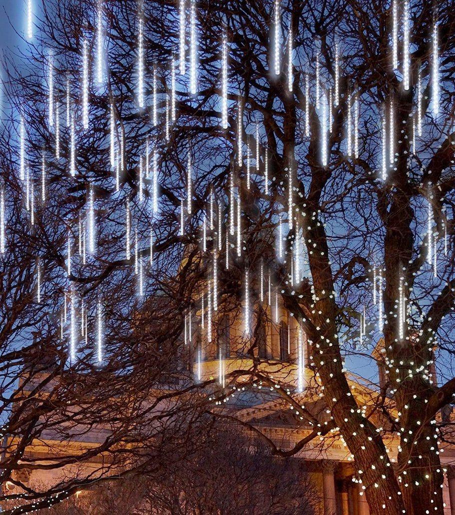 LED Outdoor Lights Tube Meteor Shower Rain Lights Solar Powered Icicle Raindrop Snow Falling Lights Cascading Lighting for Garden Outdoor Patio Holiday Party