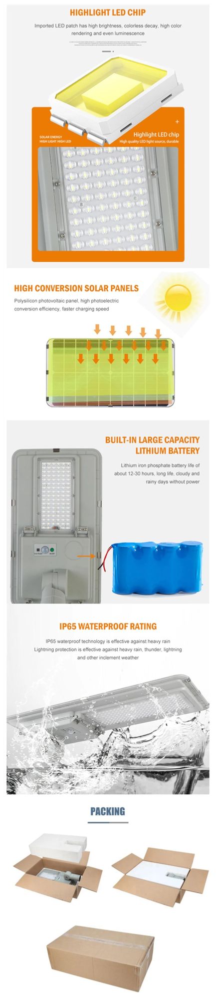 Hot Selling Outdoor Waterproof IP65 Aluminium 30W 50W 60W 80W 100W 120W 150W 180W All in One LED Solar Lamp