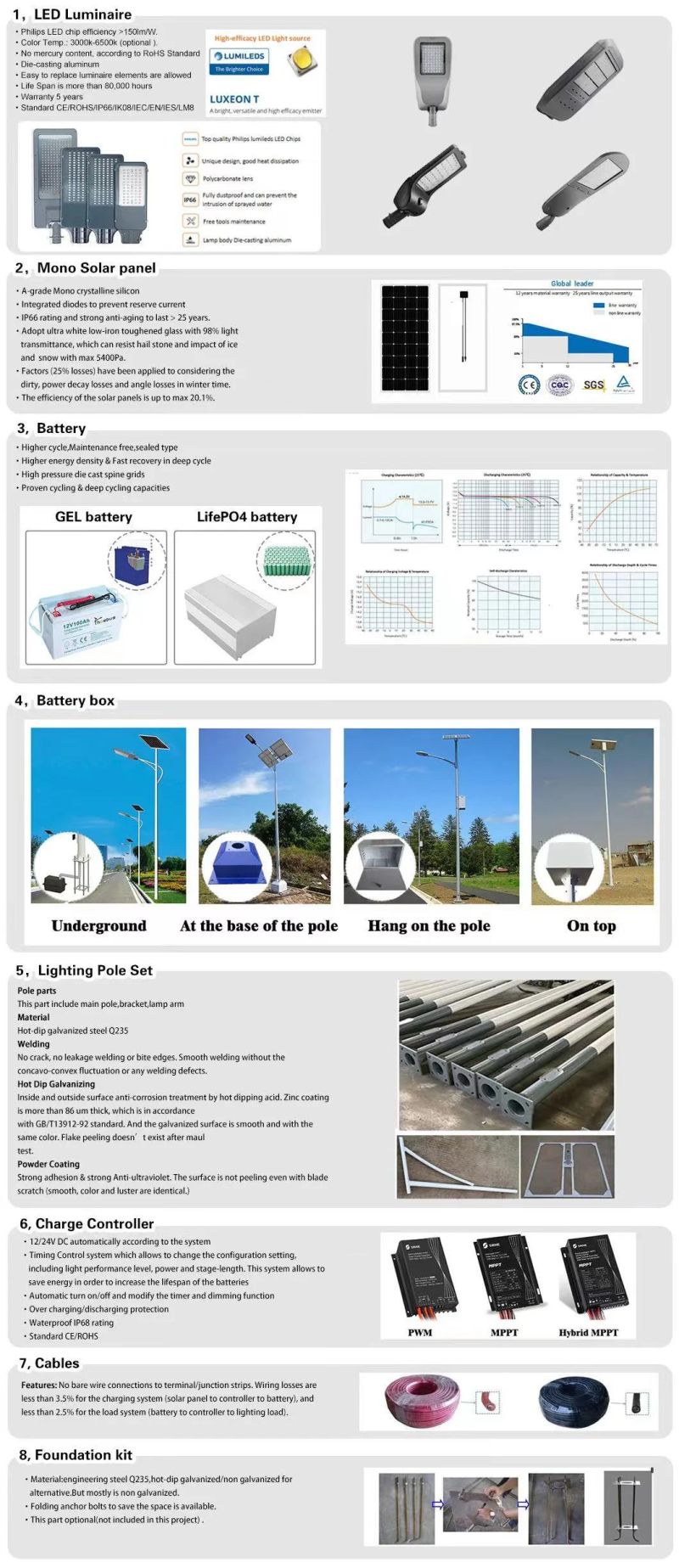 9m 100W Outdoor Waterproof High Efficiency Energy Saving Waterproof IP65 LED Solar Street Light with Panel and Gel Battery