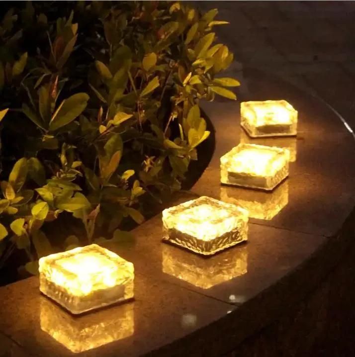 Outdoor Decoration IP65 Waterproof Clear Glass Solar Ice Brick Deck Lights Ground Buried Lamp for Garden Pathway