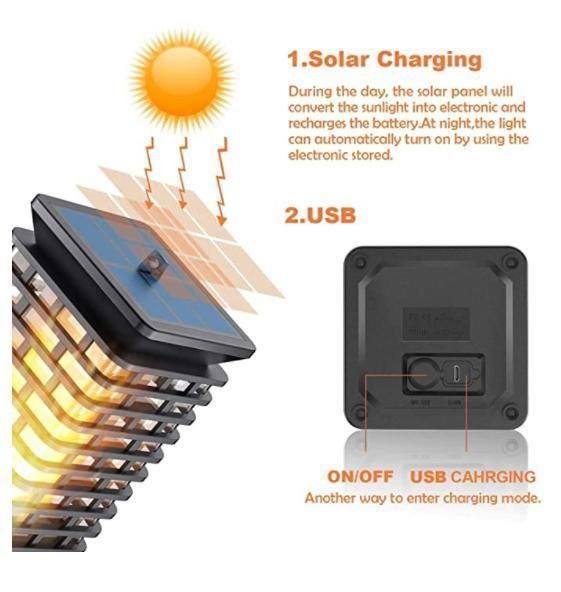 Solar Hanging Flame Lights Outdoor 99LEDs Solar Flame Lantern Portable Waterproof Camping Light with Optional USB Charging for Backyard, Garden, Patio, Deck