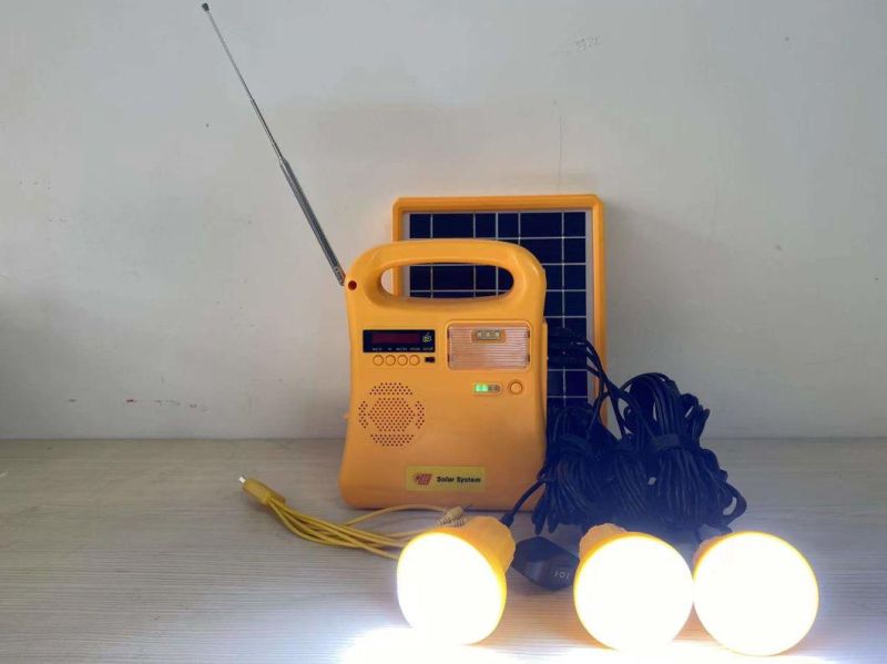 2020 Factory Supply 5W Solar Lithium Home System with FM Radio/Mobile Charger/Torch Light/Reading Lamp/MP3/3PCS LED Bulbs