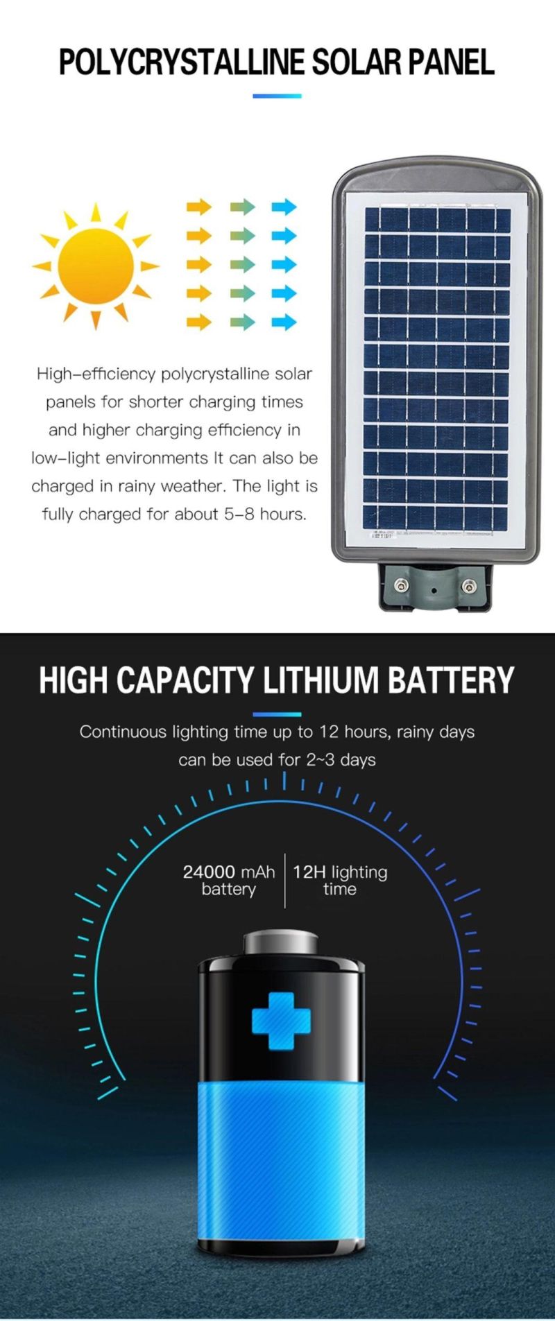 Lithium-Ion Battery Turn on at Night with 8 Hours Working Time LED Solar Street Light