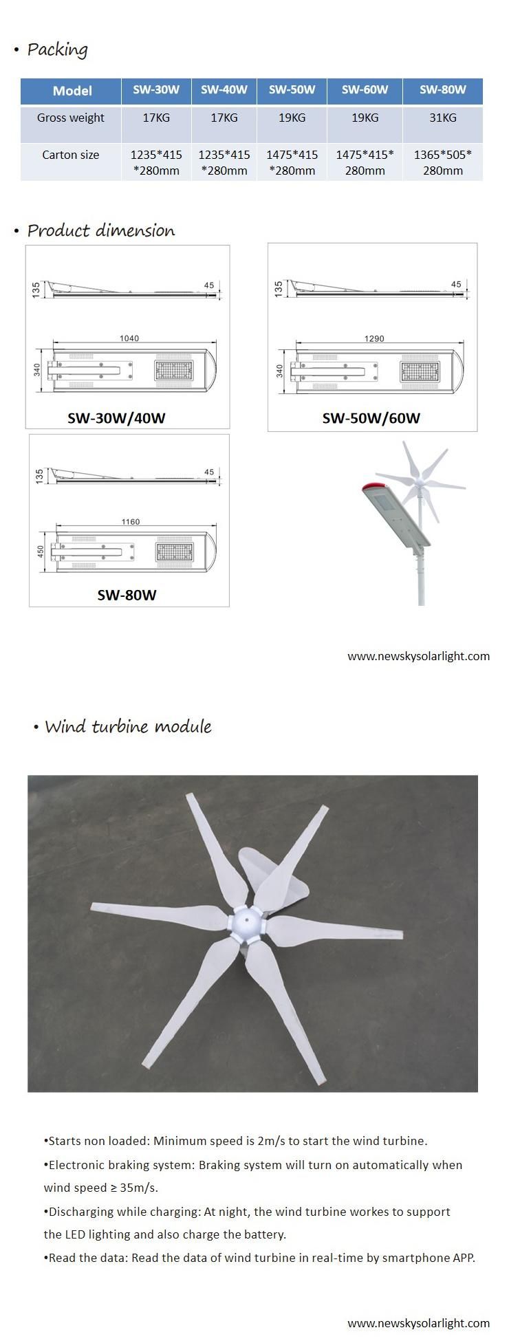 5 Years Warranty LED Outdoor Solar Wind Street Light Hybrid Solar Wind Power 40W Solar Street Light with Vertical Horizontal Wind Turbine