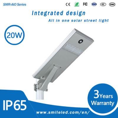 High Efficiency Light Control IP65 Outdoor 20W Die Casting Aluminum All in One Solar LED Street Light