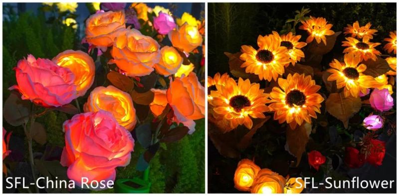 Factory Direct Sale Decorative LED 3 Heads Flowers Pink Yellow White Color Solar Lights for Flower Beds