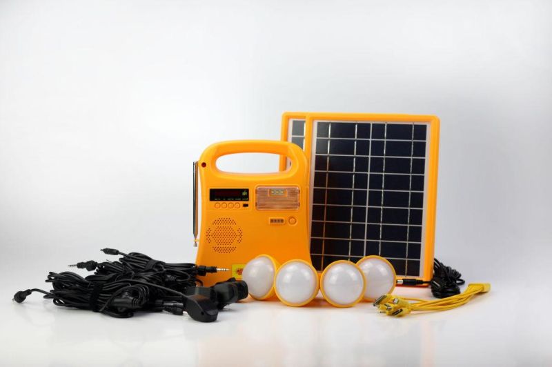 10W Home Use off Grid Solar Lighting System Power Kit with FM Radio/Torch Light/Reading Light/4 PCS LED Bulbs/USB