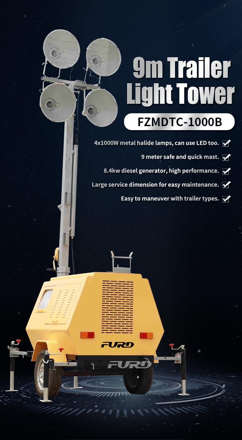 Outdoor Night Lighting Mobile Generator Powered Mobile Light Tower