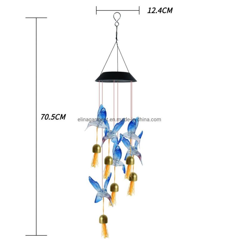 LED Solar Light Hummingbird Wind Chime Changing Color Waterproof Six Hummingbird Wind Chimes for Home Party Outdoor Night Garden Decoration