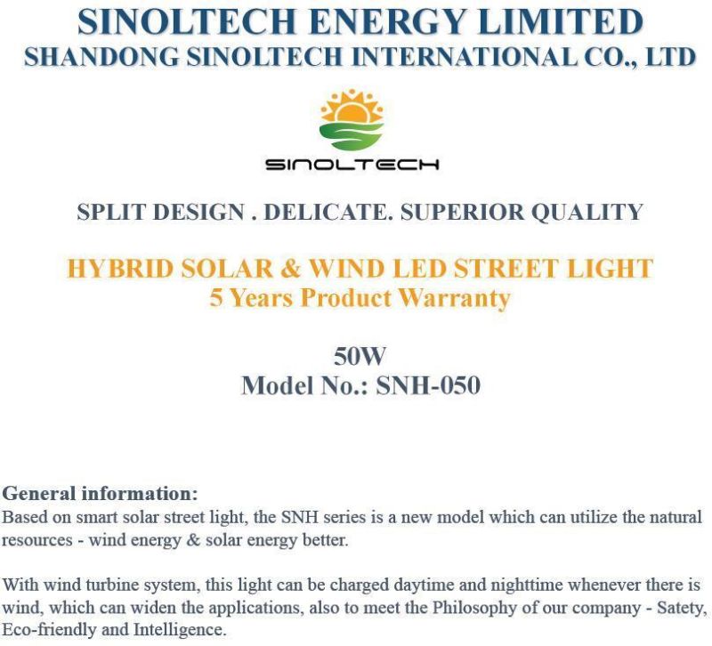 SINOLTECH NEWEST 50W LED Solar-Wind hybrid streetlight (SNH-050)