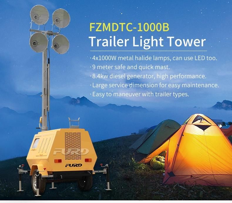 Generator Trailer Lighting Tower with Metal Halide or LED Flood Light Fzmdtc-1000b