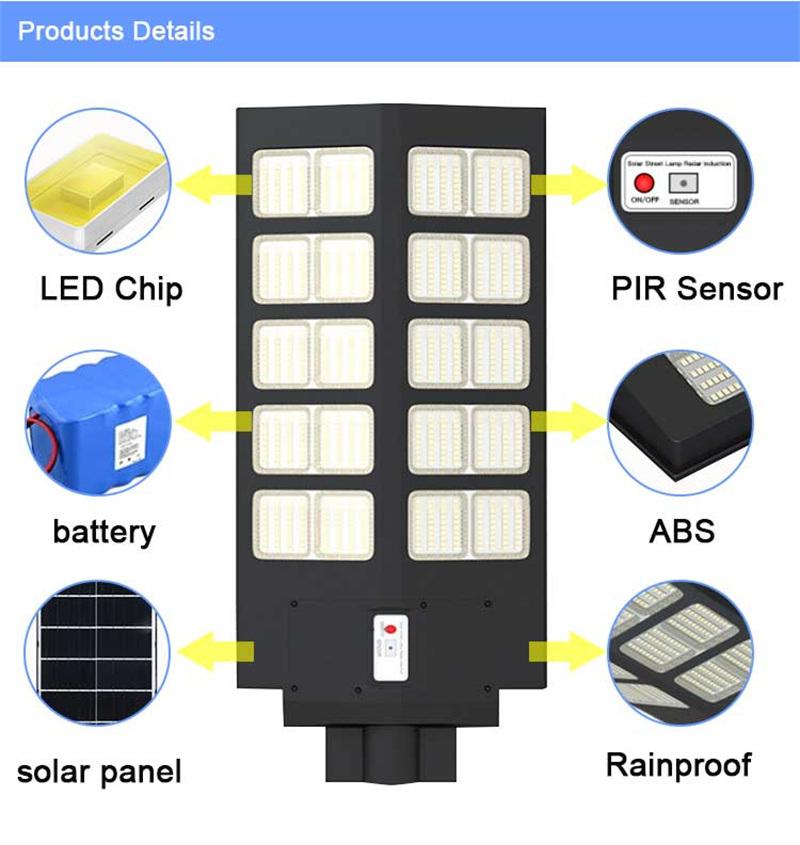 Factory Promotion New Design Energy Saving 500W Rechargeable Solar LED Street Light