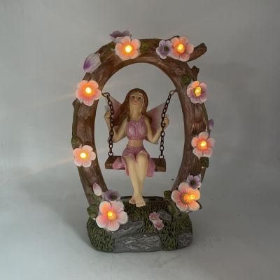 Polyresin Fairy Play on a Swing Garden Solar Light Resin Collectible Figurine for Outdoor Decor