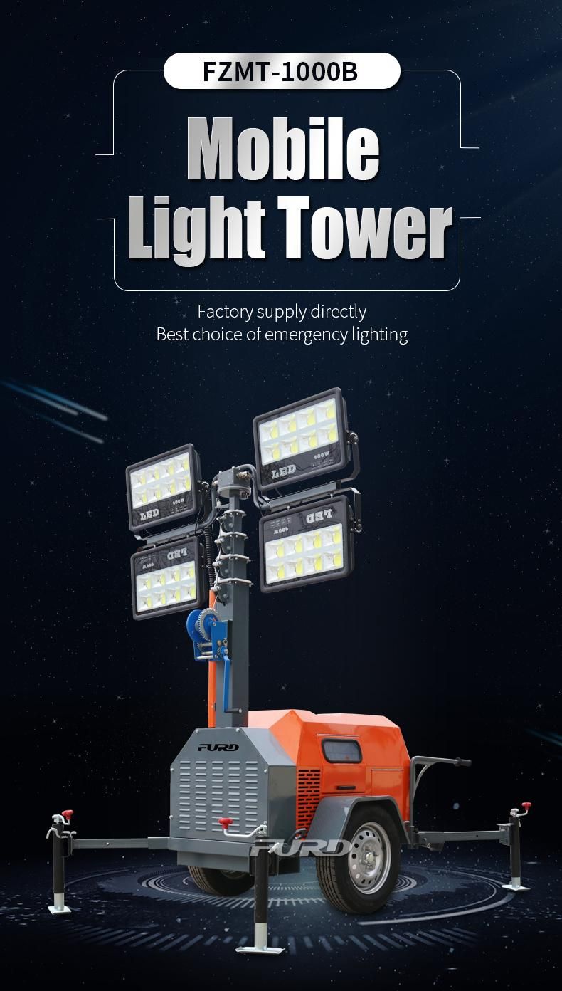 7m Big Trailer Light Tower Mobile Light Tower 4X400W LED Lamps Fzmtc-1000b