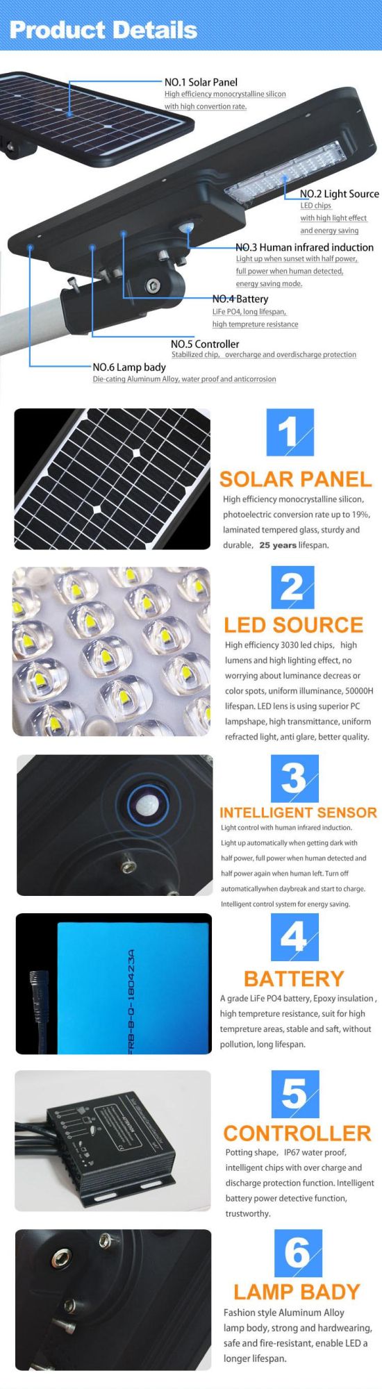 High Power Induction IP65 LED Solar Street Lamp Light