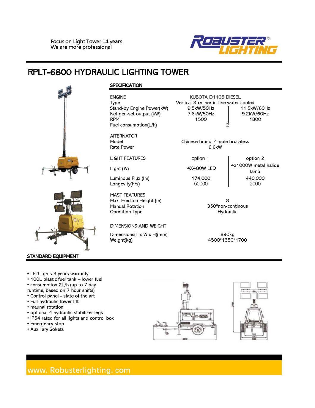 Portable Waterproof Hydraulic Diesel Mobile Light Tower
