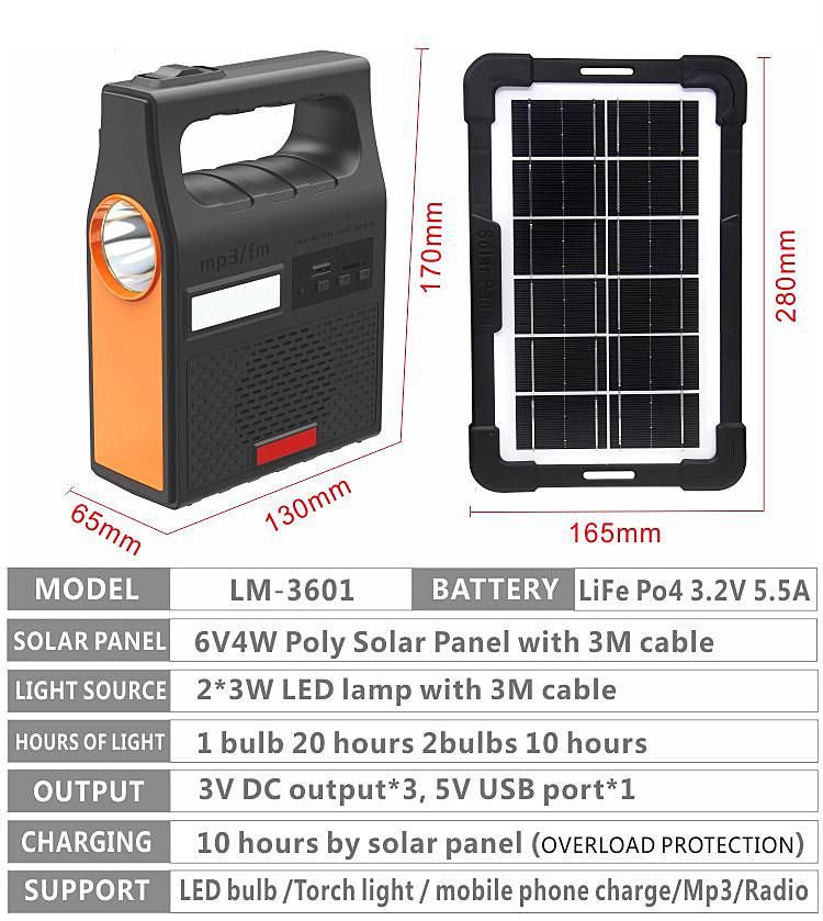 6V Solar Light with FM Radio /MP3 Function LED Bulbs Mobile Solar Charging System