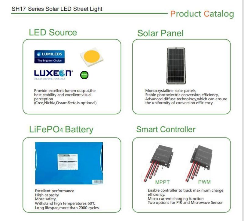 Aluminum Outdoor 10W 15W 20W Cost-Effective 170lm/W Time/Sensor Control Built-in LiFePO4 Battery 365 Days Working Solar LED Street Light