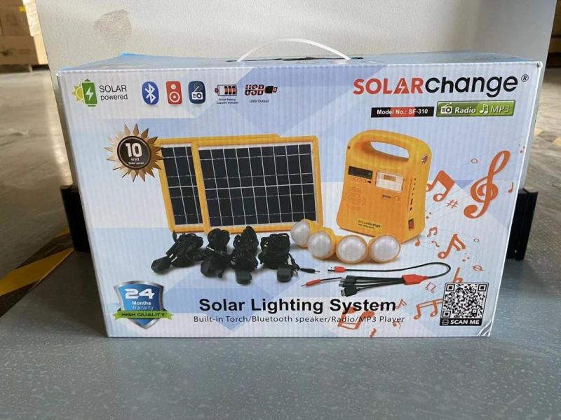 off Gird 10W Solar Energy Kits with FM Radio, 4PC LED Bulbs and USB Mobile Phone Connectors