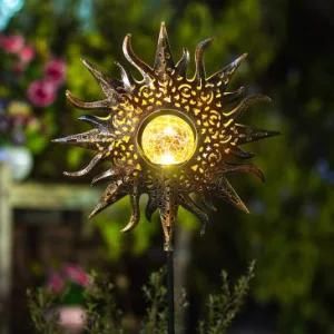 Solar Power Outdoor Lawn House Decoration LED Garden Light with Metal Iron Art Hollow out Sun Moon Flower Torch Angel Design with Stake