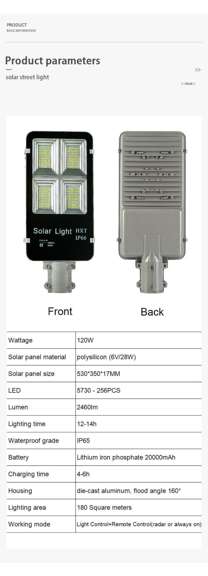 Street Lights 120W LED Solar Light Aluminium IP65 Waterproof Outdoor Lighting