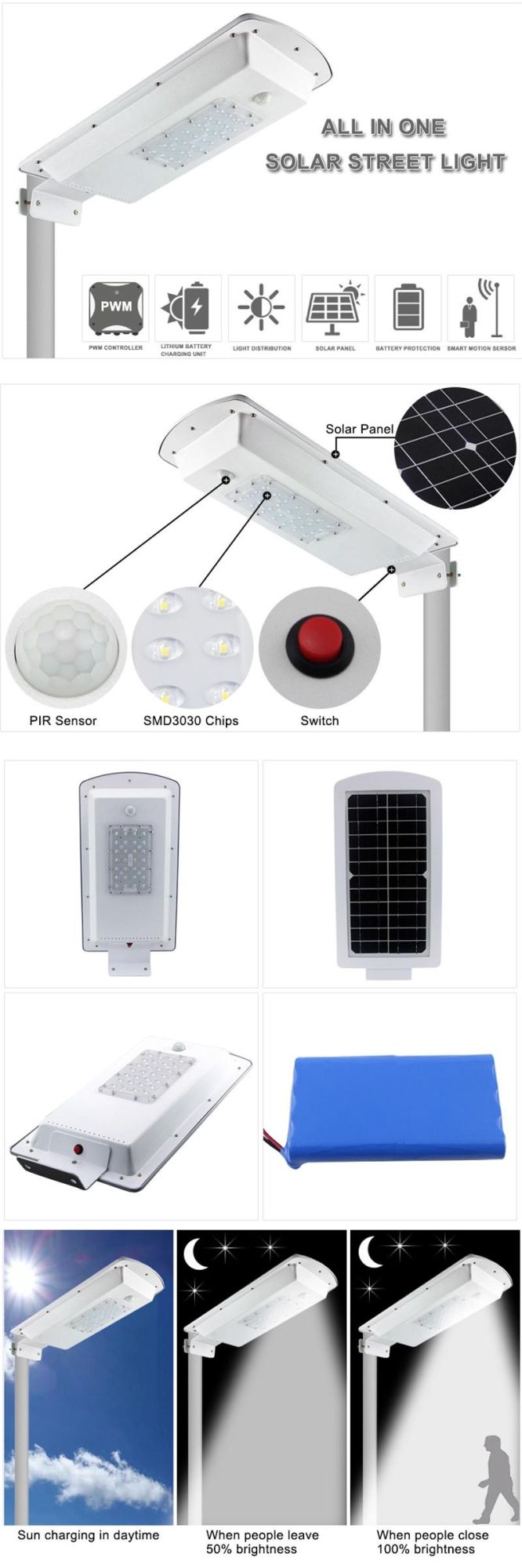 8W 10W Solar Panel, LED Light, Intelligent Controller and Lithium Battery All in One Garden Lights, Energy Saving Outdoor System Solar Street Light