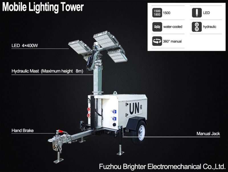 Camping Mining Mobile Lighting Tower with LED Lamp and Trailer