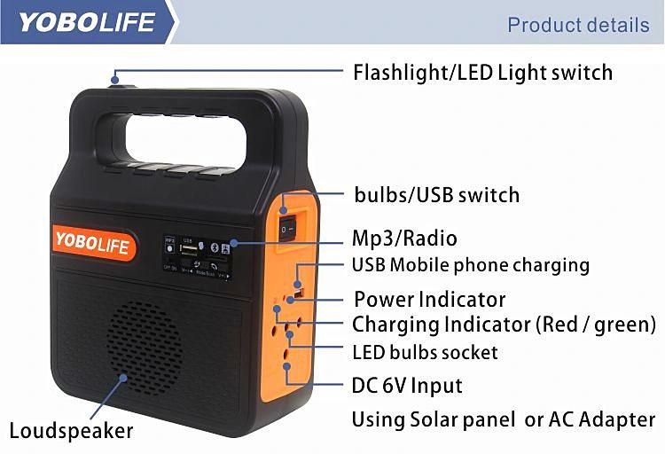 MP3 / FM Radio Home Lighting System with Small 3W Solar LED Lamps for Lighting