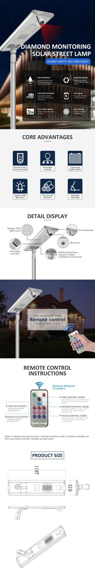 Road Safety Light 60W 80W 100W Solar LED Street Light with Camera Outdoor