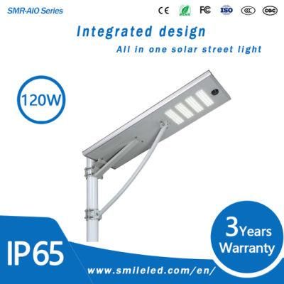 Solar Powered All in One Integrated 120W LED Solar Street Light with 3 Years Warranty