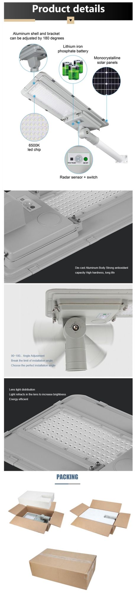 Outdoor Motion Sensor IP65 Waterproof All in One LED 60W 100W 150W 180W Integrated Solar Street Light