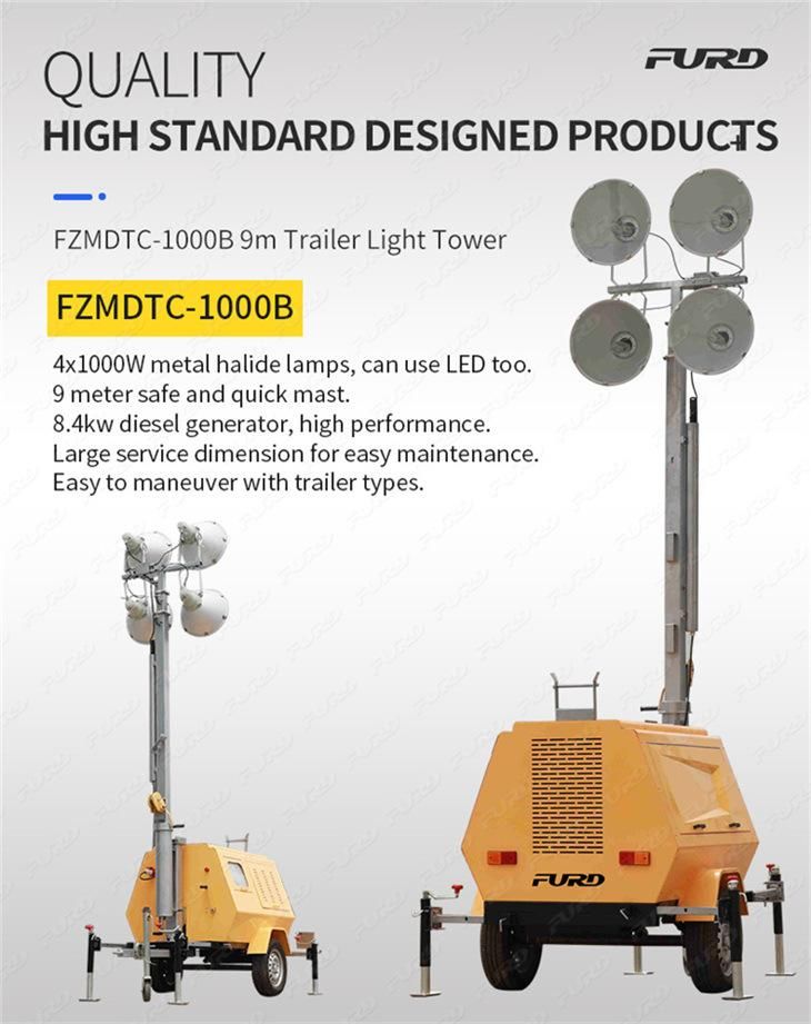 9m Trailer Vehicle-Mounted Light Tower with LED or Metal Halide Lamp