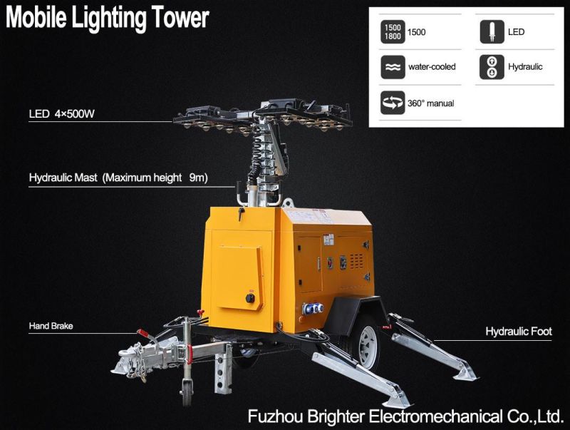 Hydraulic Mast Metal Halide Mobile Tower Light with Kubota Power for Rescue