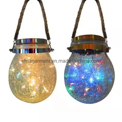 Solar Waterproof Patio Garden Lanterns Wedding Hanging Mason Jar Solar Lights, Warm Crack Glass Bottle Solar Jar Light