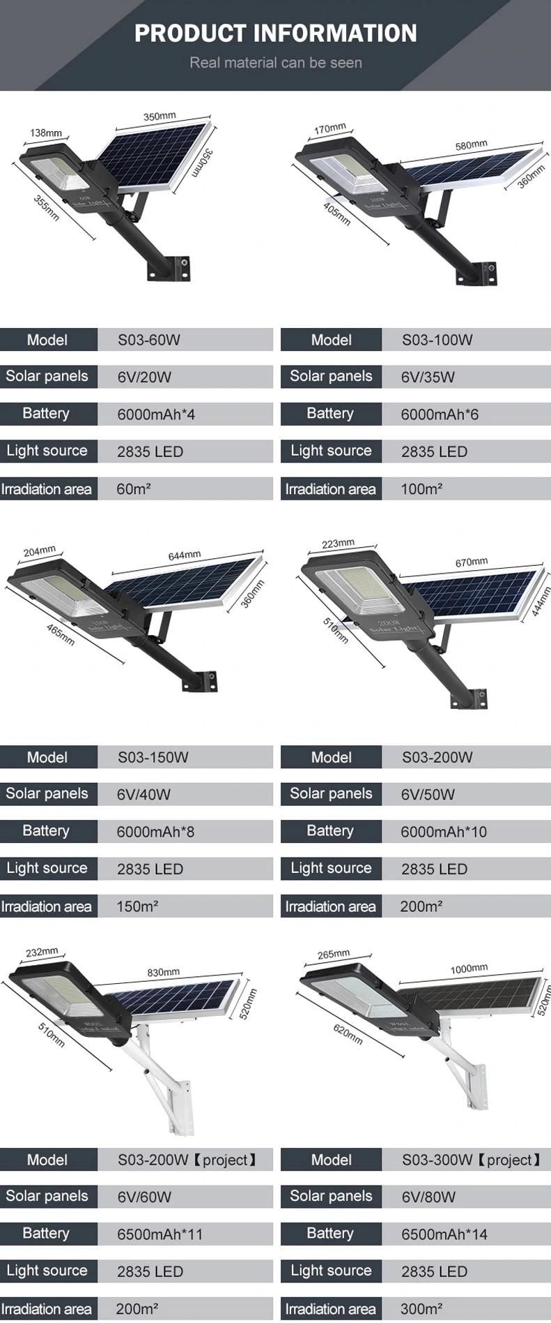 60W 100W 150W 200W 300W High Bright LED Solar Panel Seprate in 2 Street Lights, IP66 out Door Waterproof Square Lighting, Sensor Portable Garden Wall Light