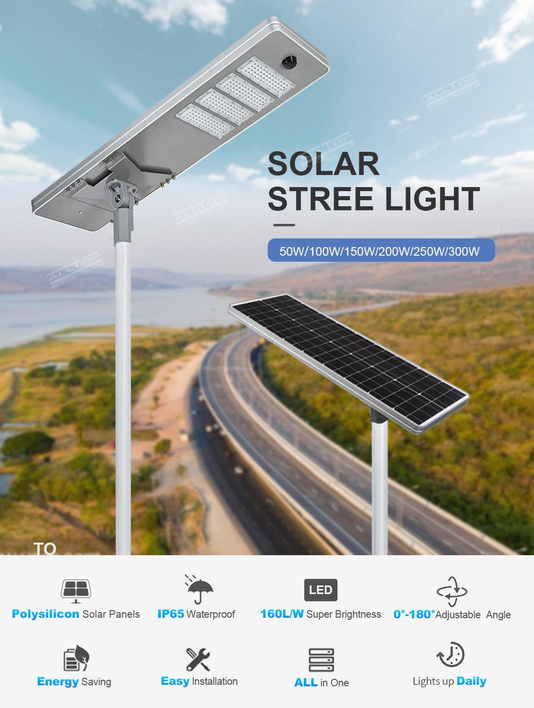 Alltop New Style IP65 Waterproof Aluminum Alloy 50 100 150 200 250 300 W All in One Outdoor LED Solar Streetlight